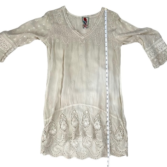 Johnny Was Boho Cream Ivory Lace Embroidered Eyelet Tunic 3/4 Sleeve Dress XS - Picture 13 of 15